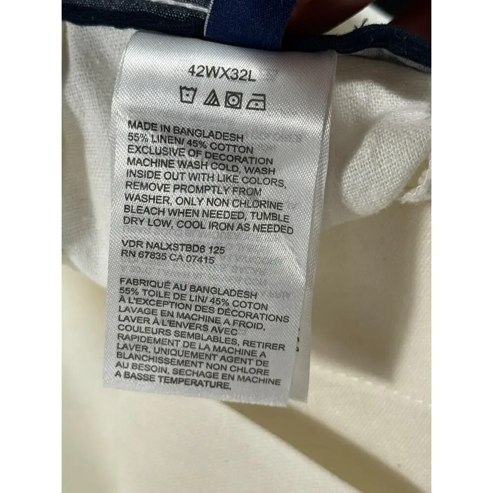 Nautica Pants Mens 42x32 Cream Linen Blend Casual Beach Cotton Trousers